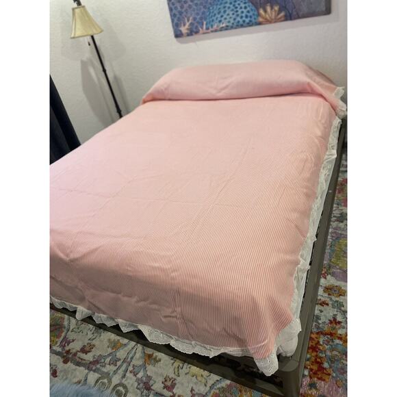 Sears Pink Pinstripe Twin Bedspread 74X 110 White Ruffle Perma Prest Vtg - Picture 1 of 6